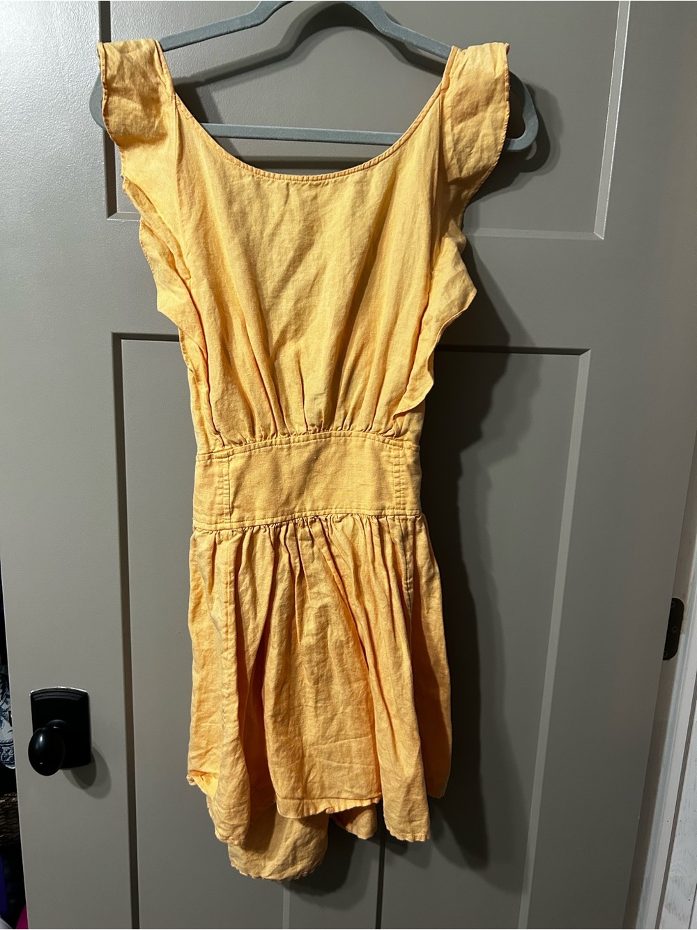 Free People peach Yellow Smocked Dress Top Ruffle sleeve Cotton Linen blend - Picture 2 of 6